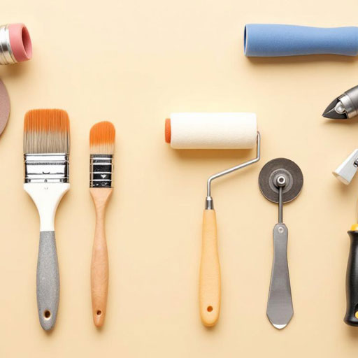 Divers outils, pinceaux, rouleaux, abrasifs et outillage à main